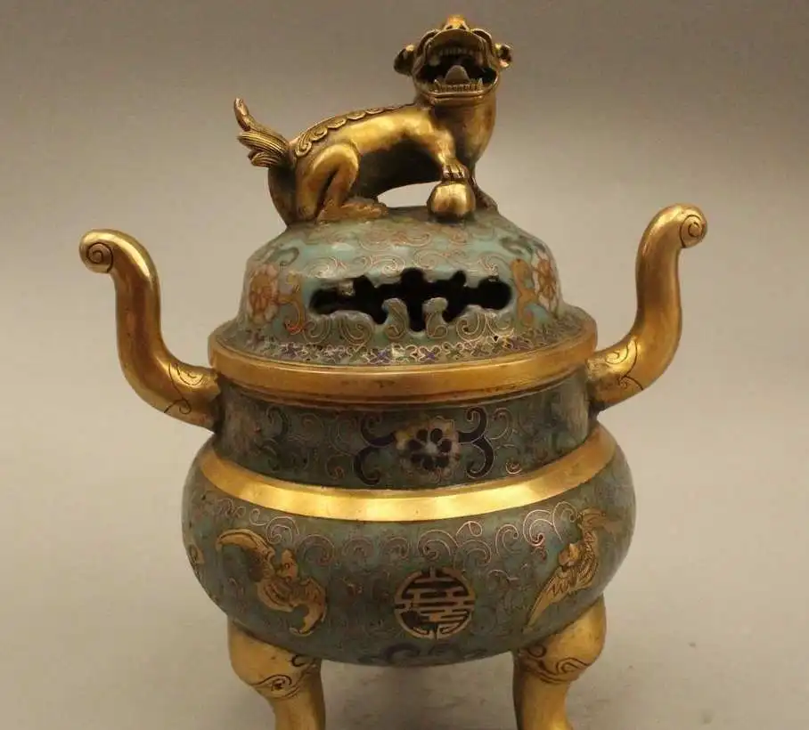 

10" China Dynasty Palace Cloisonne Bronze Gild 3 Foot Beast Incense Burner Cense
