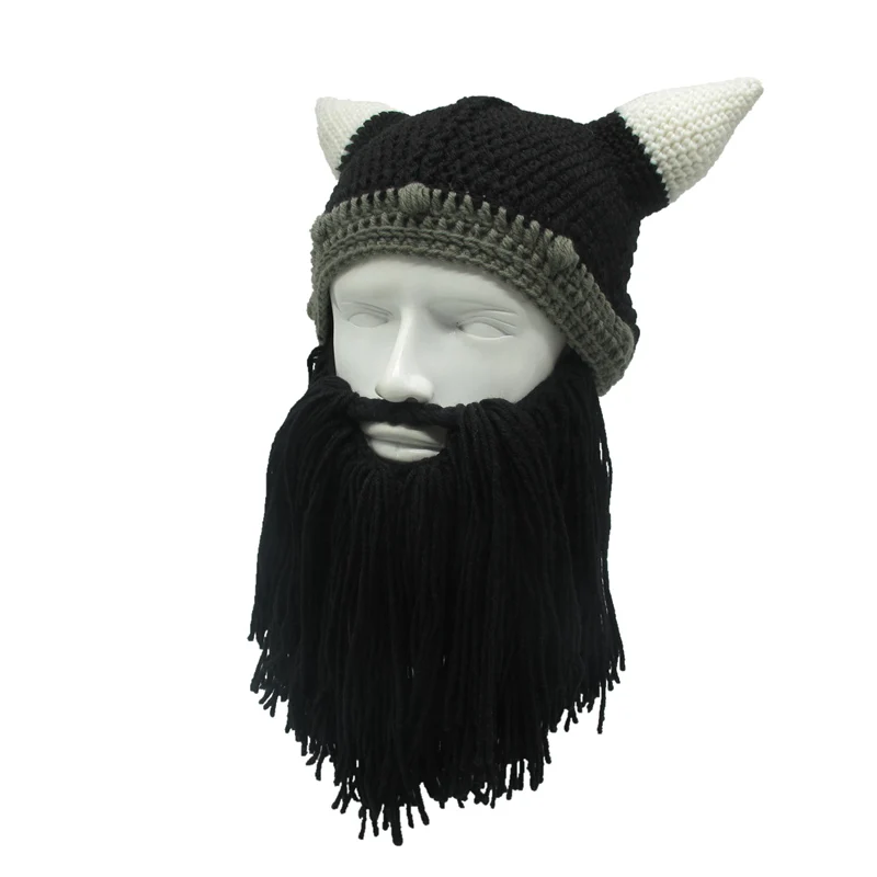 Handmade Wig Beard Viking Beanies Hat Horn Winter Cap For Men Crochet Dad Hat Winter Male Cap Halloween Gifts Party Cap SKullcap