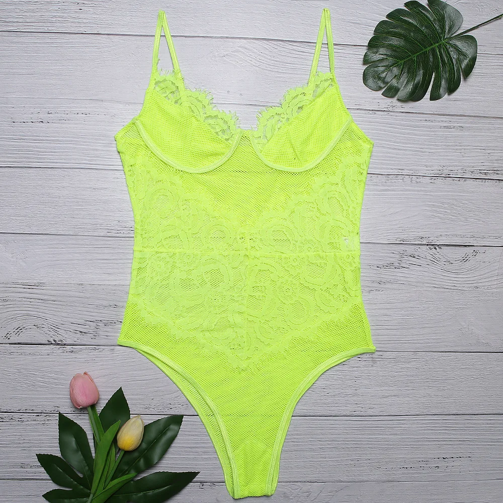 FREE SHIPPING Bodysuit Neon Lace Sexy Clubwear Sheer One Piece JKP1517 ...