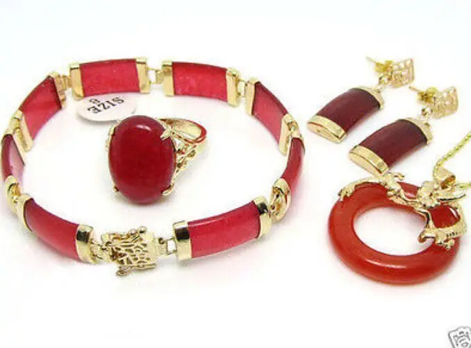 

18KGP Gold Plated Red jade necklace pendant earrings bracelet Ring Lucky Sets AAA style 100% Natural jade Noble Fine jewe