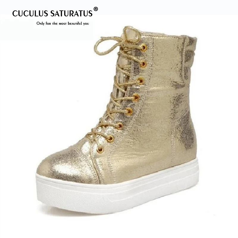 

Cuculus Thick Bottom Cross Straps Round Martin Boots Shoes Women Gold Silver Black And Personality Platform Boots Casual 1948