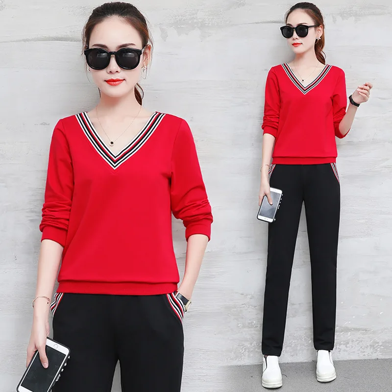 

2 Piece Set V Neck Long Sleeve Striped Tops Blouse Elastic Waist Ankle Length Pants Trousers Women Autumn Winter Two Piece Set