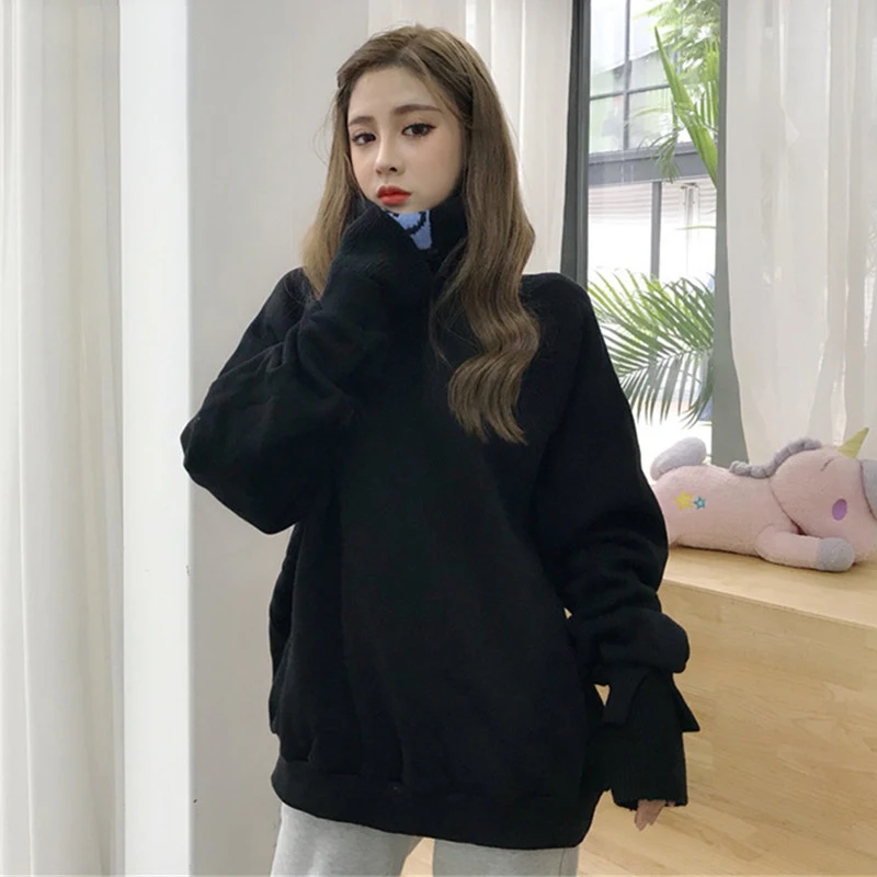  Hoodies Women Patchwork Simple Turtleneck Large Size Chic All-match Letter Womens Korean Long Lovel