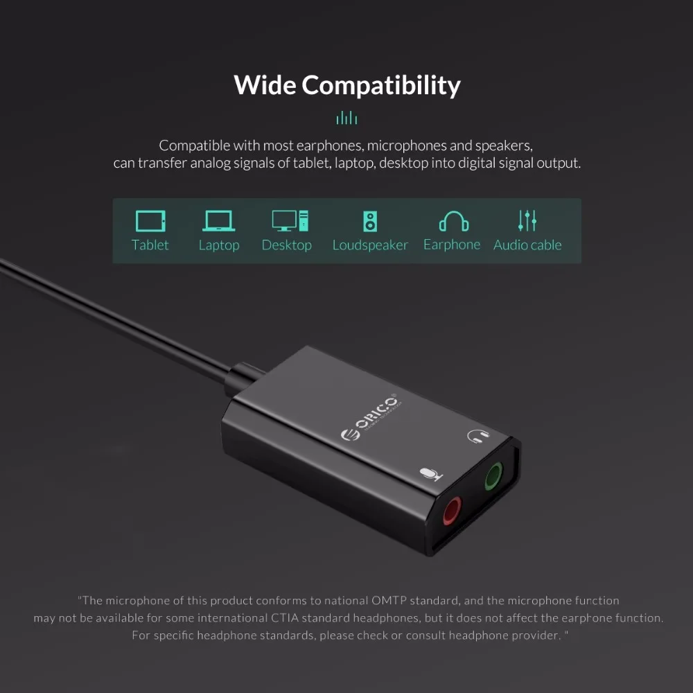 ORICO Портативная USB внешняя звуковая карта для наушников/микрофонная 10 см длина
