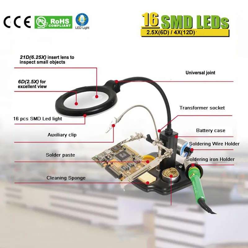 Pro'sKit SN-396 увеличительное стекло светодиодный светильник Лупа с паяльником подставка Зажим Аллигатор для BGA для ремонта пайки