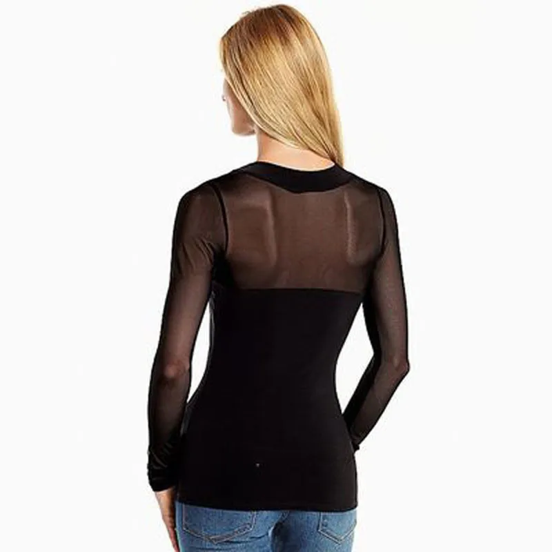 المرأة مثير شبكة البلوزات 2017 blusas femininas طويلة الأكمام س الرقبة عارضة سوداء ضئيلة نرى خلال قمصان قمم المرأة مثير شبكة البلوزات 2017 blusas femininas طويلة الأكمام س الرقبة عارضة سوداء ضئيلة نرى خلال قمصان قمم
