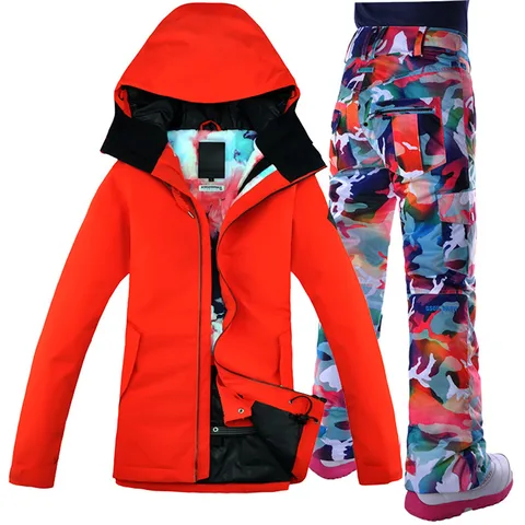 Jaqueta de Neve + Calças Terno de Esqui à Prova de Vento Respirável Impermeável Snowboard Roupas Quentes Definir Gsou Neve Feminino Cabolsa Escarlate