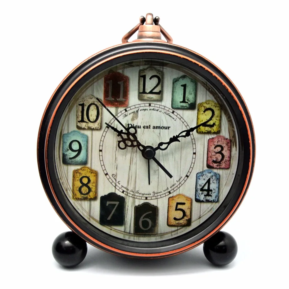 Vintage Desktop Bed Desk Alarm Clock Kids European Style Circular Metal Silent Snooze MIni Table Clock For Kids Adult Bedroom