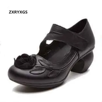 

Hot 2019 New Spring fashion Handmade Retro Flower Women High Heel Shoes Women Shoes elegant Comfort Soft genuine leather Shoes