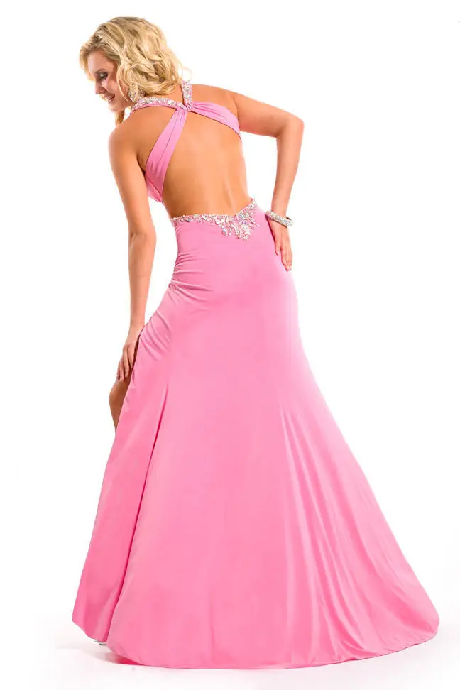 free shipping sexy new Design V neck sexy crystal vestidos formales pink long open back party prom gown Graduation Dresses