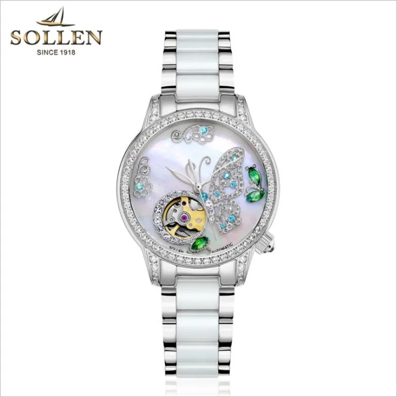 SOLLEN люксовый бренд женские часы-браслет ослепительной красоты sSpace керамические девушки автоматические механические наручные часы женские часы - Цвет: White silver