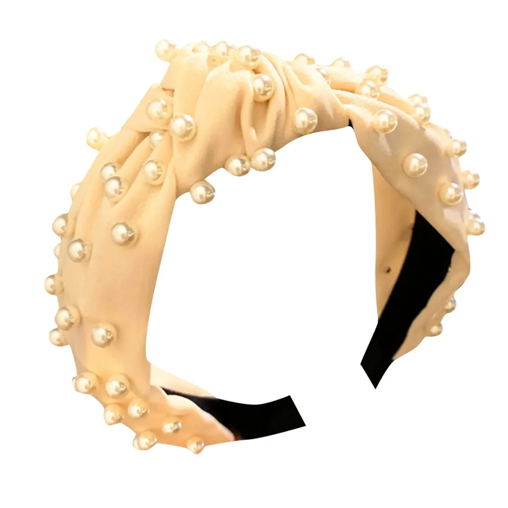 Beige Pearl Headband Solid Coral Cloth Knotted hair band for Women Fashion Korean Style Girls Vintage Accessories Pearl Hairband - Цвет: Beige
