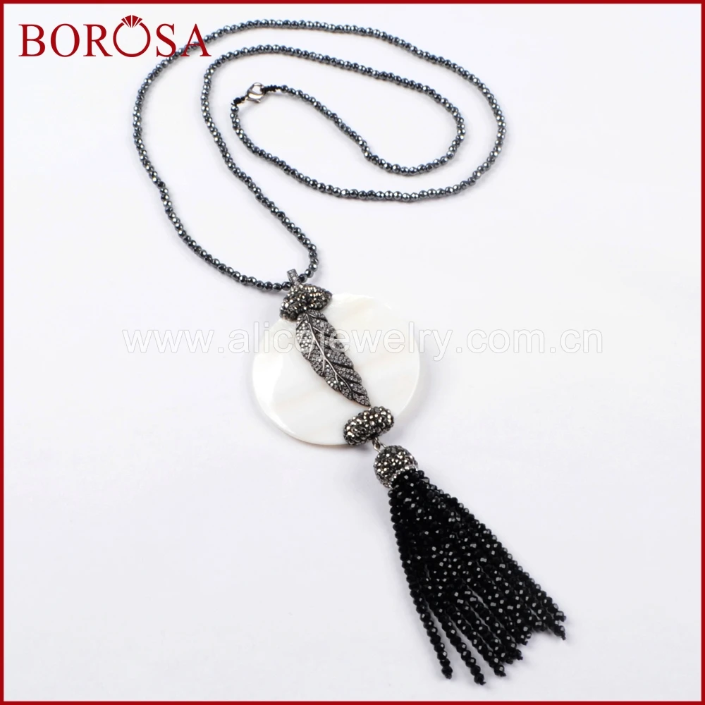 

BOROSA 30inch Hematite Necklace with Tassel White Shell Pendants Necklace pave Crystal cz leave Pendant Gems Jewelry JAB862