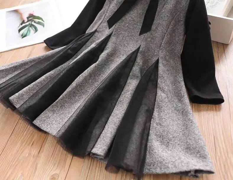 Patchwork color dress girls fall cotton bow Pleated dress fashion high-grade Long sleeve dresses kids