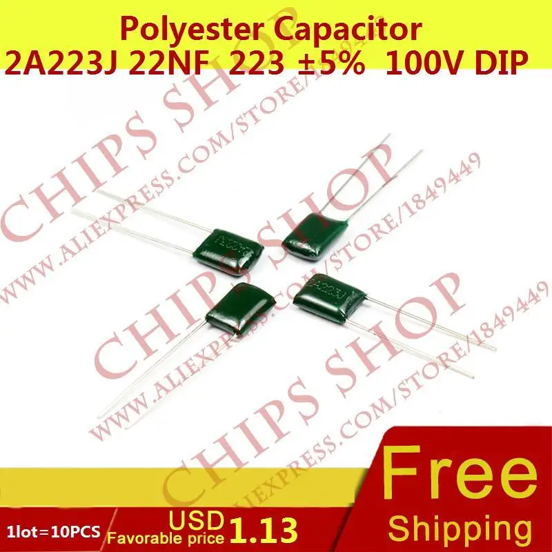 1LOT=10PCS Polyester Capacitor 2A223J 22nF 223 5% 5mm(1mm) 100V DIP 2 ...