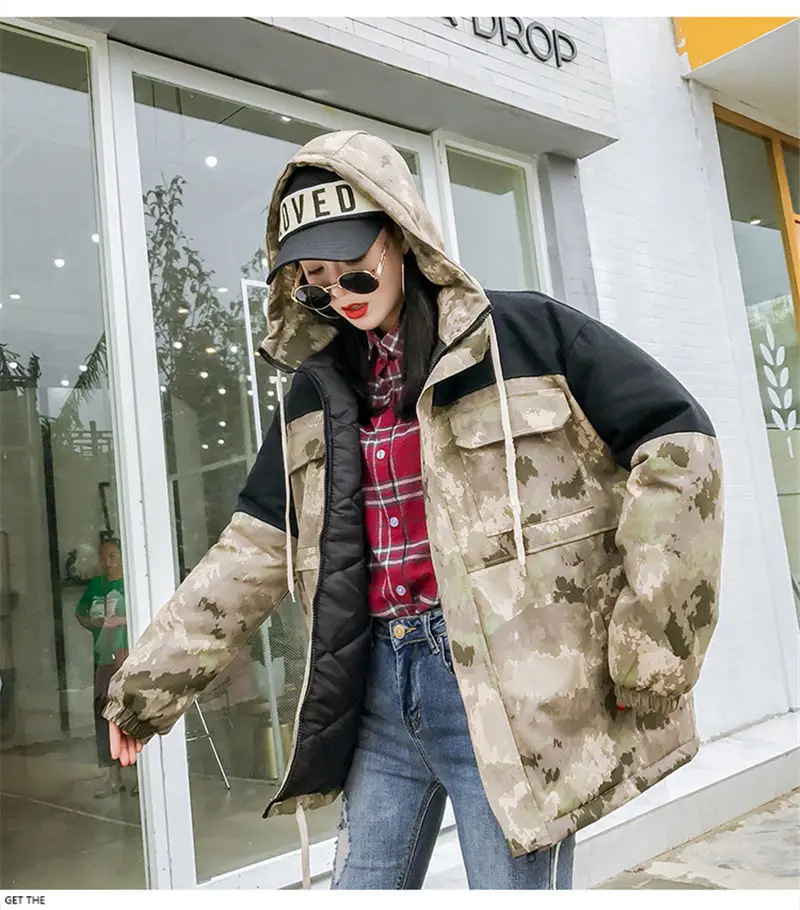 Зимняя камуфляжная куртка Женская Корейская хлопковая одежда с капюшоном для девочек свободные зимние женские пальто Харадзюку X154