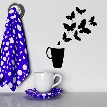 

Wall Decal Cup of Tea Beautiful Butterflies Coffee Kitchen Vinyl Mural