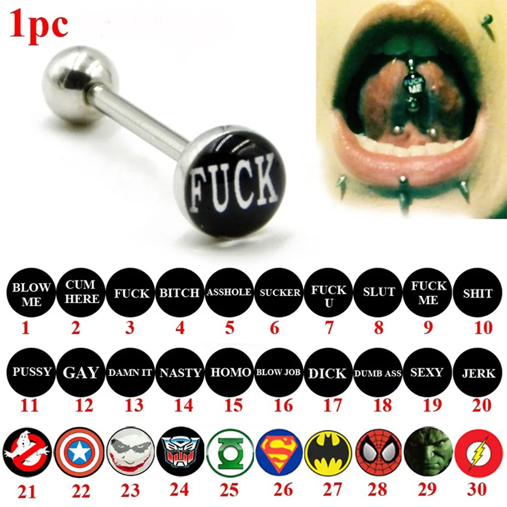 

1PC Surgical Steel Tongue Rings Epoxy Logo Dome Top Bad Dirty Word Logo Tongue Barbell Stud Piercing Rings Fashion Body Jewelry