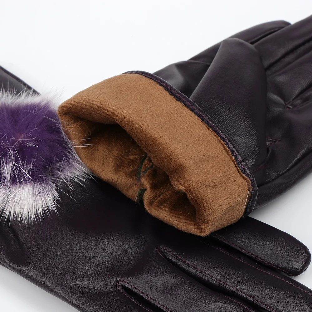1 пара 2018 Новая мода мех кролика мяч PU кожаные перчатки для Зимние перчатки бренда варежки Luvas Для женщин перчатки женские перчатки