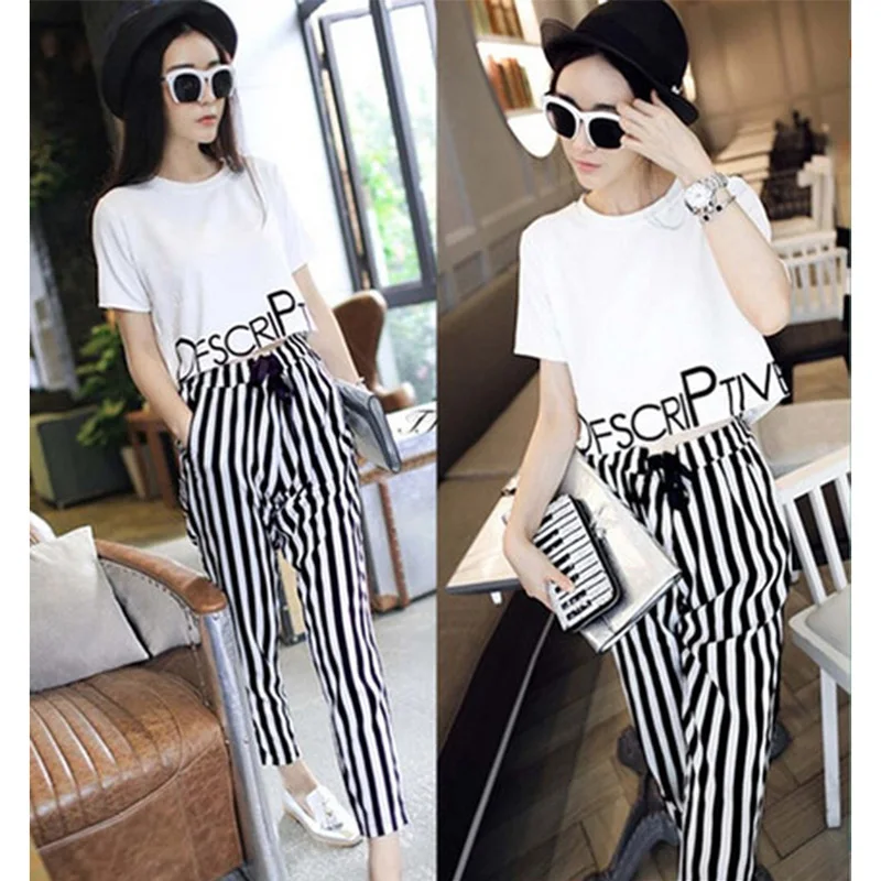 

Summer New Short Sleeve T Shirt Women Two Piece Set Casual Striped Long Pants Female Tracksuit Set Women Fashion Woman Tracksuit