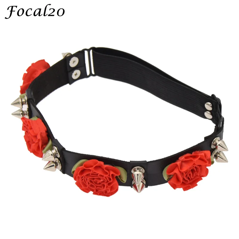 Focal20 Gothic Punk Rose Flower Synthetic Leather Women Garter Sexy Elastic Leg Garter Belt Suspender Lingerie Cosplay