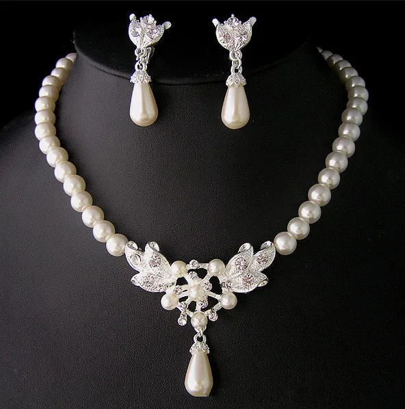 Silver Plated Wedding or Bridal Faux Pearl and Crystal Jewelry Sets Bridesmaid Necklace and Earrings