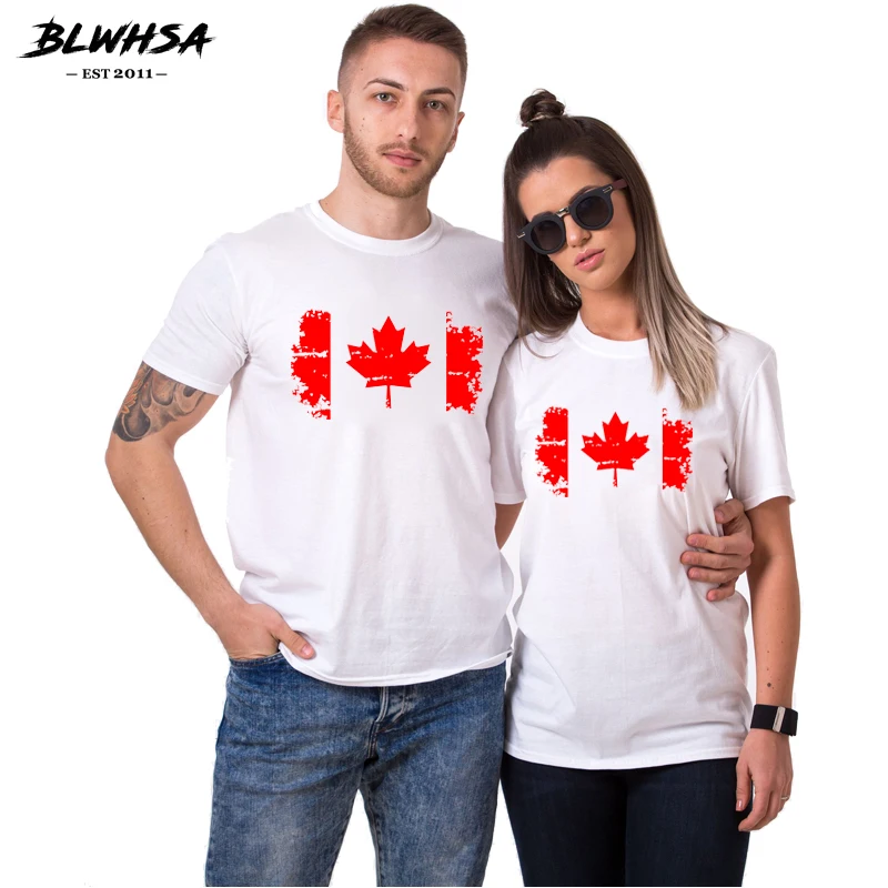 

BLWHSA Fashion Canada Flag Print Women Men Couple Clothes 100% Cotton O-neck Short Sleeve White TShirt Couple T Shirt For Lovers