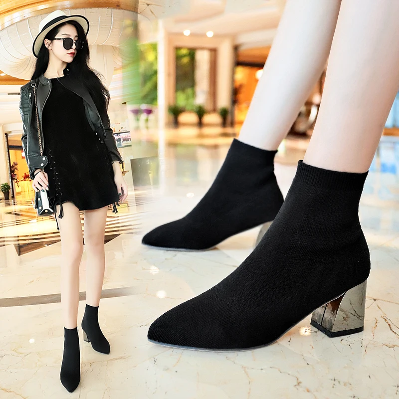 

Kjstyrka Gray Women High Heel Ankle Boots Stretch Knitting Feminina Pointed Toe Botas Mujer Slip On Shoes Women Pumps Sock Boots
