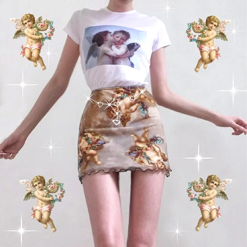 

Summer Sexy Short Pencil Skirts Womens A Line Skirt Ladies Angel Print High Waist Vintage Elastic Jupe Femme Korean
