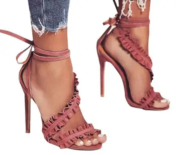 

INS sexy lady high heel peep toe lace cross strap stiletto lace up high heel sandal more color custom make leather Ruffle sandal