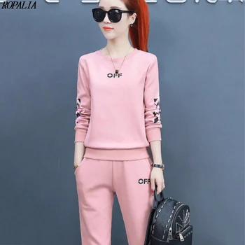 

2pcs Set Women Long Sleeve T-Shirt + Ankle-Length Pants O-Neck Letter Print Top + Elastic Waist Pockets Sports Suit