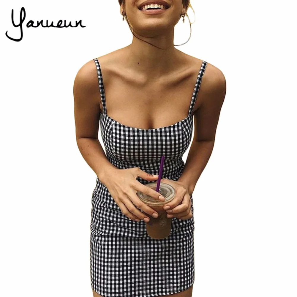 

Yanueun 2017 Women Fashion Plaid Strapless Mini Dress Sexy Sleeveless Spaghetti Strap Zippers Back Pencil Dresses For Female