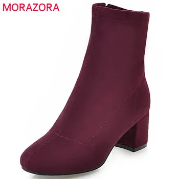 

MORAZORA Square heels shoes woman high heels boots female fashion ankle boots for women flock zip solid big size 34-43