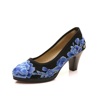 Veowalk/высококачественные атласные женские туфли-лодочки с цветочной вышивкой; элегантные женские туфли в стиле ретро на среднем каблуке с круглым носком; zapatos mujer - Цвет: Черный