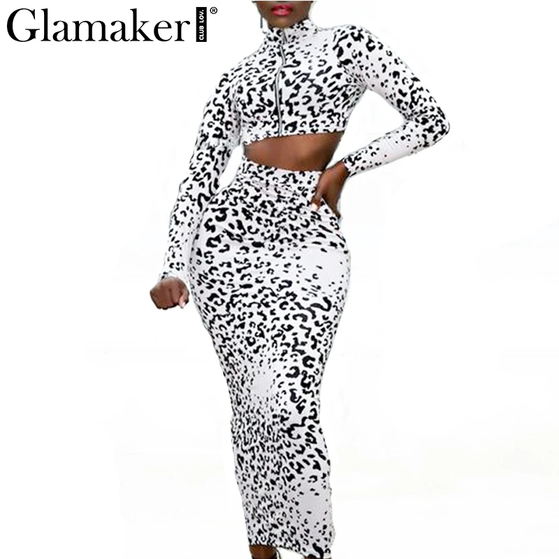 

Glamaker Leopard two-piece suit bodycon long dress Autumn slim long sleeve dress Women turtleneck pencil elegant dress vestidos