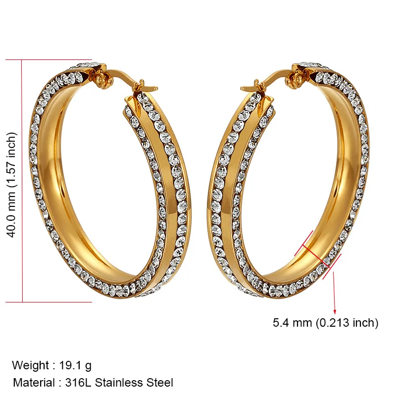 White Rhinestone Большие стразы серьги-кольца из нержавеющей стали золотистый цвет, круглый Роскошные серьги для женщин Дамская мода ювелирный свадебный подарок - Окраска металла: White Rhinestone