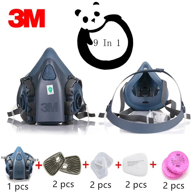 

9 in 1 3M 7502 603 Gas Mask Half Silicone Respirator Industrial Overload Painting Spray Protective Shield Anti Dust Mask Filter