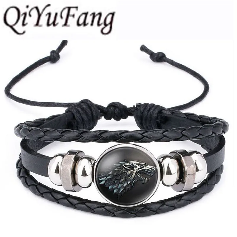 

QiYuFang Game of Thrones Leather Bracelet House Stark Jewelry Black Multilayers Weave Charm Bracelets for Women Men
