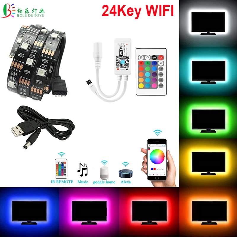 DC5V USB СВЕТОДИОДНЫЙ светильник для ТВ 5050 RGB лента смещенная Водонепроницаемая Смарт wifi контроллер 24Key пульт дистанционного управления 1 м 2 м 5 м PC подсветка Гибкая веревка