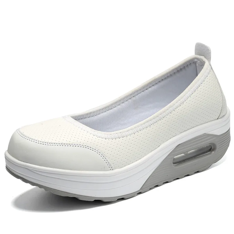 COOTELILI/весенние женские туфли на танкетке; лоферы из искусственной кожи с круглым носком на воздушной подушке; туфли-лодочки без застежки; повседневная женская обувь белого цвета - Цвет: Белый