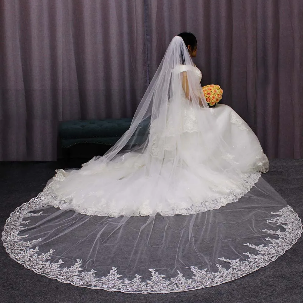 

Sparkle Sequins Lace Long Wedding Veil 3 Meters Cathedral White Ivory Tulle One Layer Bridal Veil with Metal Comb Accessories