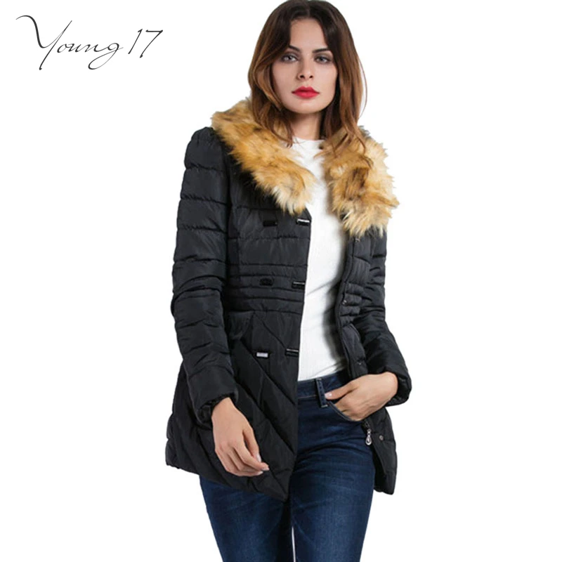 

Young17 New Winter Women Double Breasted Padded Parka Fur Collar Medium-Long Winter Jacket Women's Slim Warm Quilted Coat female
