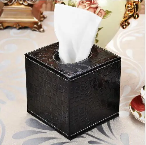 

fashion square wooden structure Crocodile Grain black leather tissue box napkin holder tissue holder for home decor PZJH009