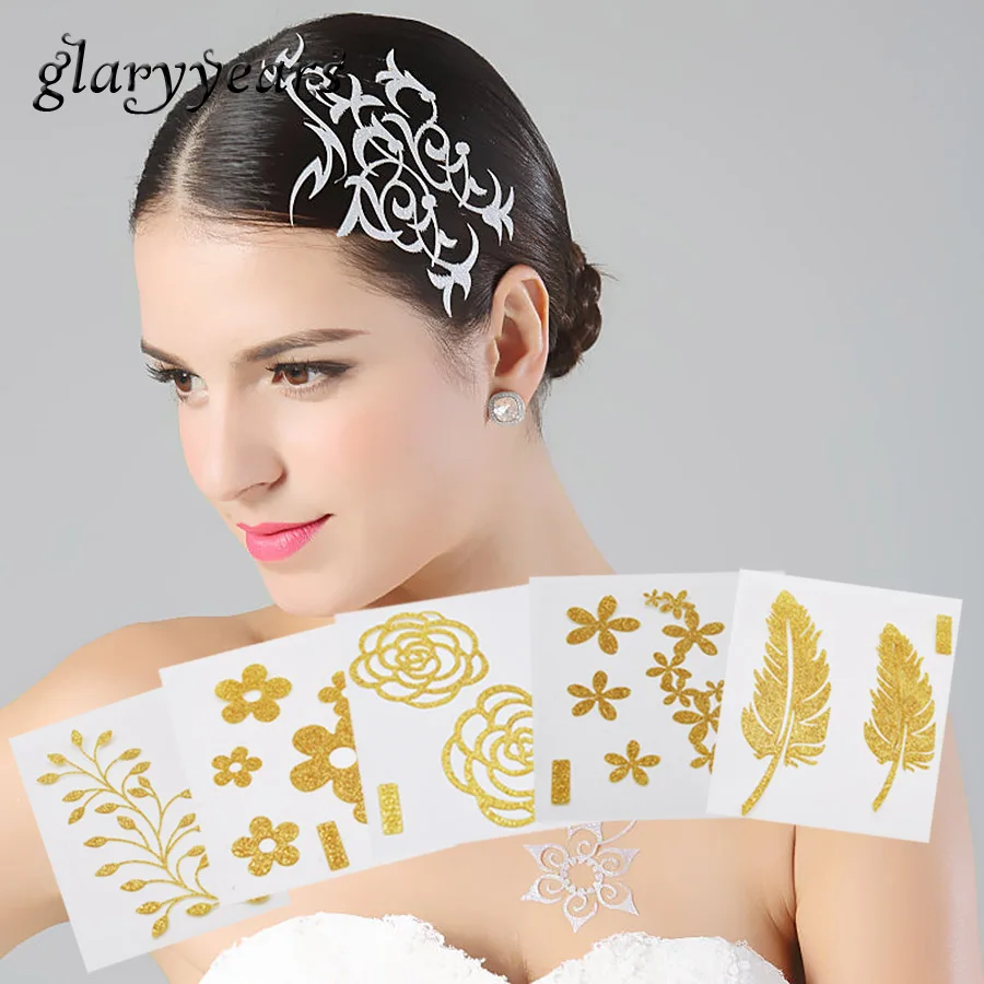 

1 Sheet Chic Flash Hair Tattoo Metallic Gold Flower Pattern Tattoo Sticker HG Series Women Body Art Non-toxic Glitter Tattoo New