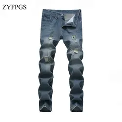 ZYFPGS повседневные джинсы весна для мужчин с прорезями тонкий мужской Street Blue Destroy Jean брюки для девочек прямые средняя талия м