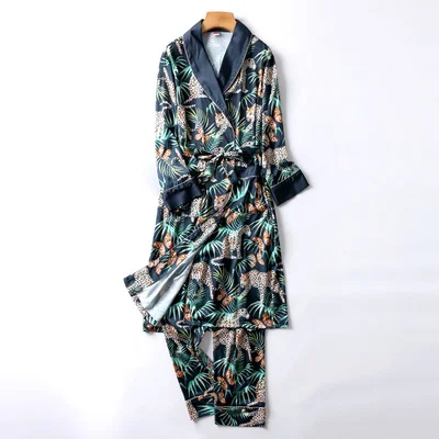 robe pants set 5 Двухкомпонентная шелковая ночная рубашка, атласная Мужская одежда для сна, свободный шелковистый халат с длинным рукавом и длинными штанами, банный халат для мужчин - Цвет: robe pants set 5