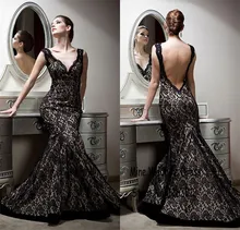 Sexy V neck backless gown elegant charming mermaid black lace formal font b dresses b font