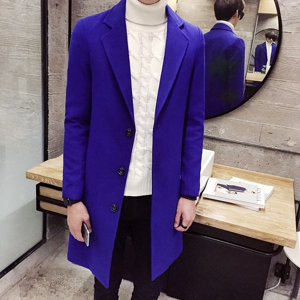 Zogaa осень и зима Новая мужская мода бутик сплошной цвет бизнес повседневное шерстяное модное дизайнерское мужское длинное пальто - Цвет: Синий