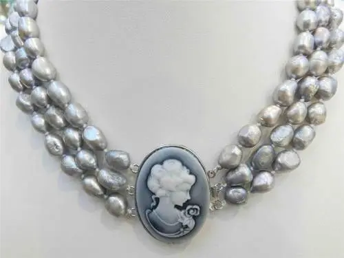 

3 ROWS SILVER GRAY REAL CULTURED PEARL NECKLACE EMBOSSED QUEEN'S AVATAR CLASP a(5.18)
