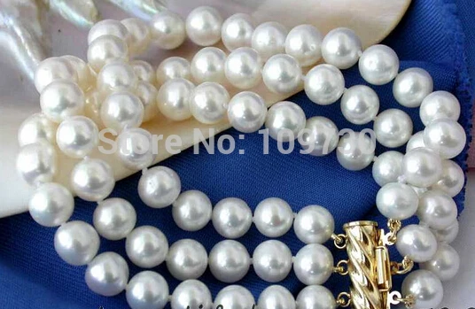 

00736 3row 9mm round white freshwater pearl bracelet bangle Natural >>free shipping